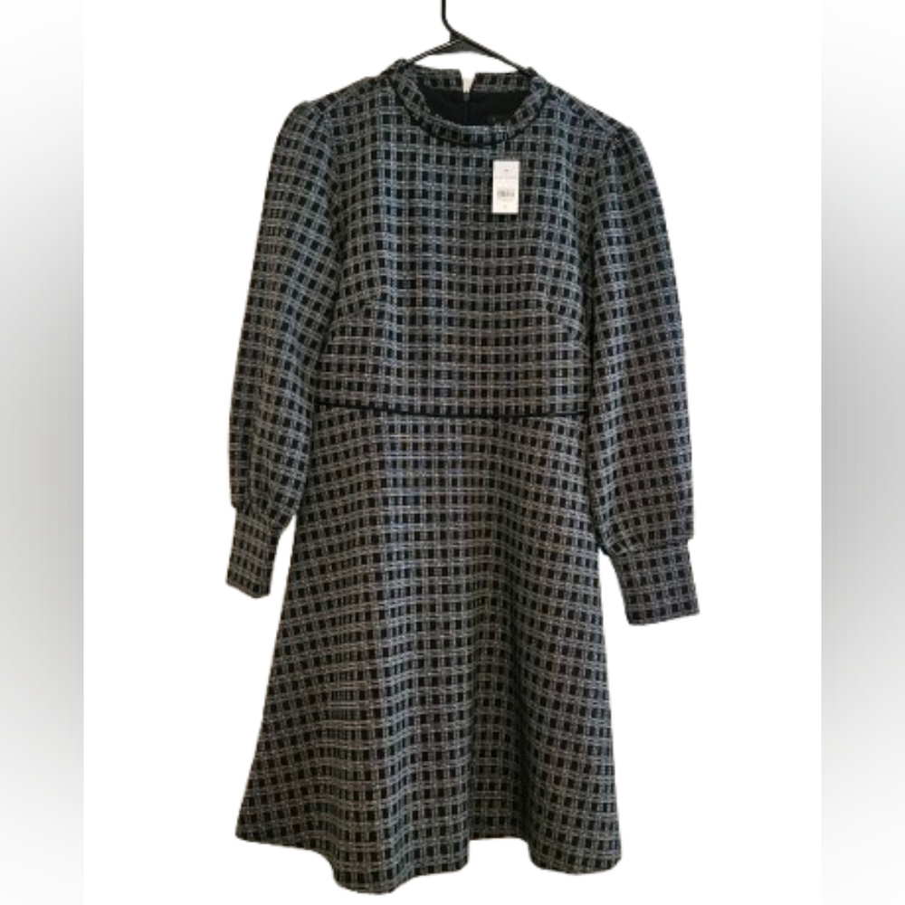 NEW Ann Taylor Black Plaid Mock Neck Long Sleeve Lined Fit & Flare NWT